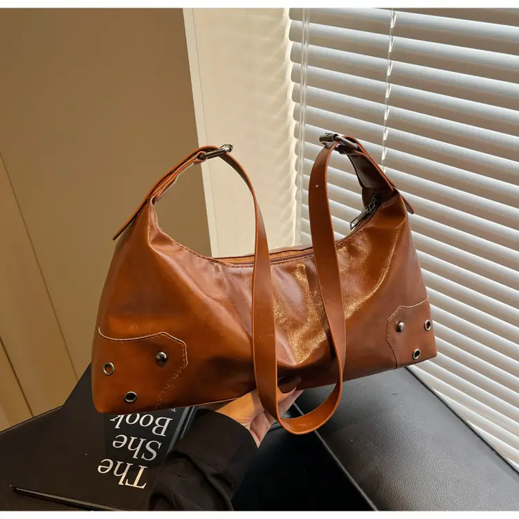 American Style Brown Leather Shoulder Bag with Rivets - Image 2