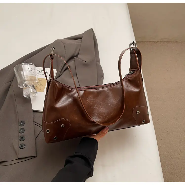 American Style Brown Leather Shoulder Bag with Rivets - Image 3