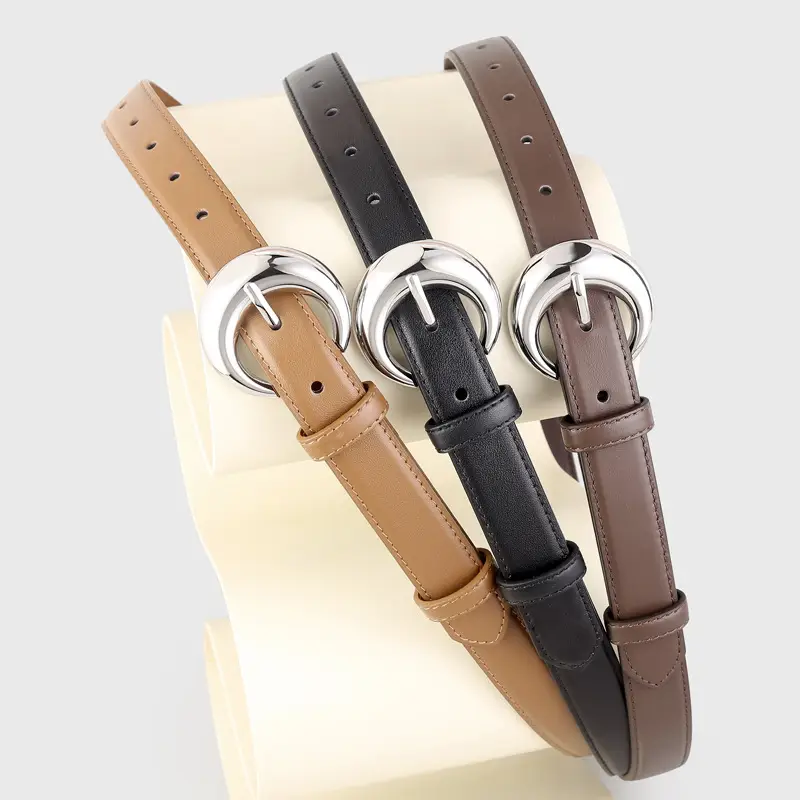 Women's Leather Belt with Moon Pin Buckle Brown Black Tan - Image 4