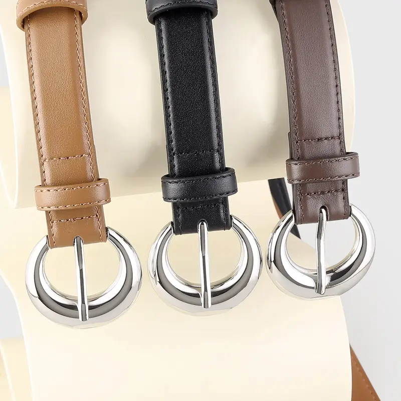 Women's Leather Belt with Moon Pin Buckle Brown Black Tan - Image 5