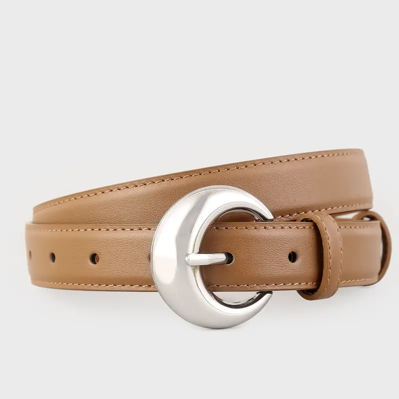 Women's Leather Belt with Moon Pin Buckle Brown Black Tan - Image 2