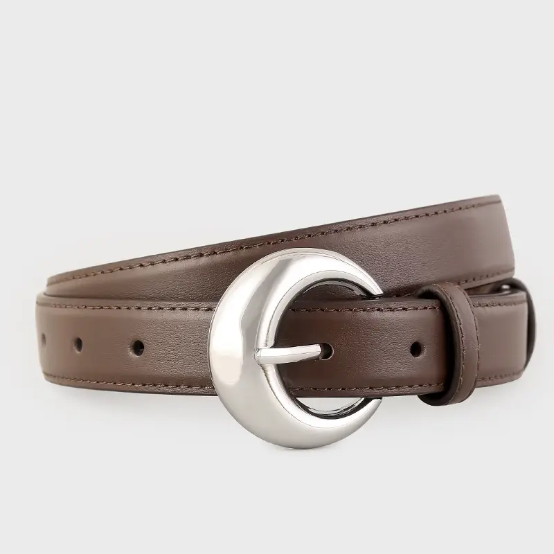 Women's Leather Belt with Moon Pin Buckle Brown Black Tan - Image 3