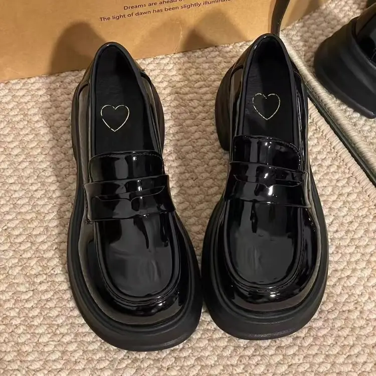 Black Coarse Heeled Leather Shoes Women's British 2025 - Image 6