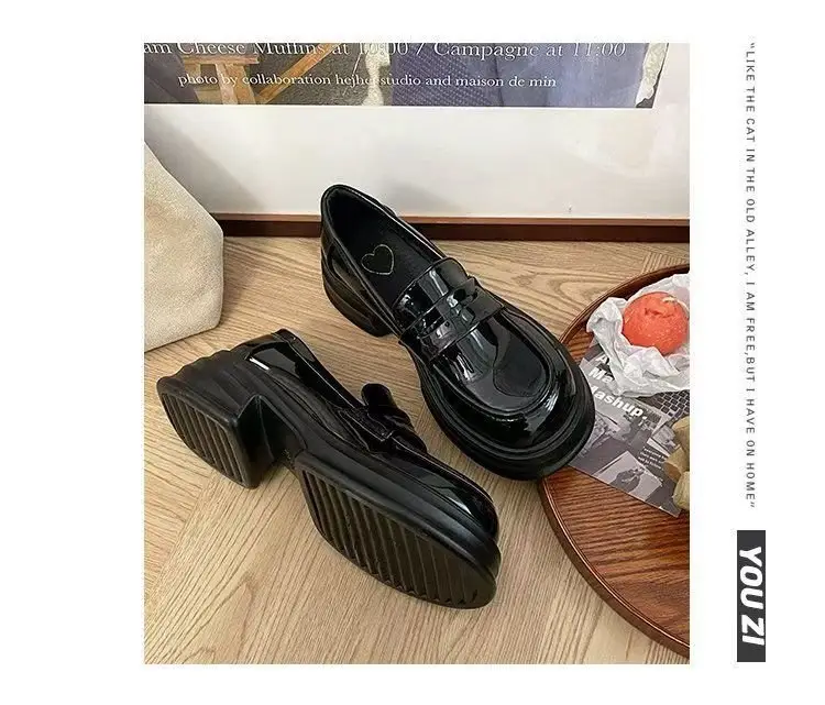 Black Coarse Heeled Leather Shoes Women's British 2025 — feature 14