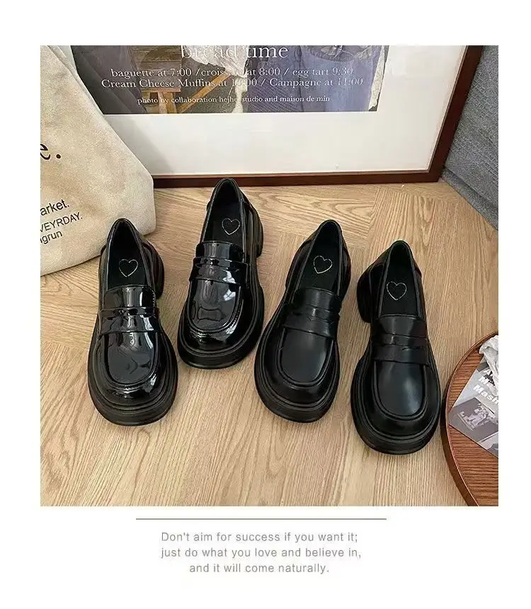 Black Coarse Heeled Leather Shoes Women's British 2025 — feature 3