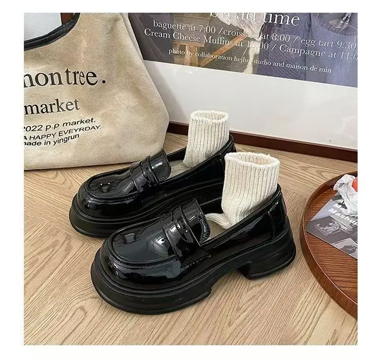 Black Coarse Heeled Leather Shoes Women's British 2025 — feature 6