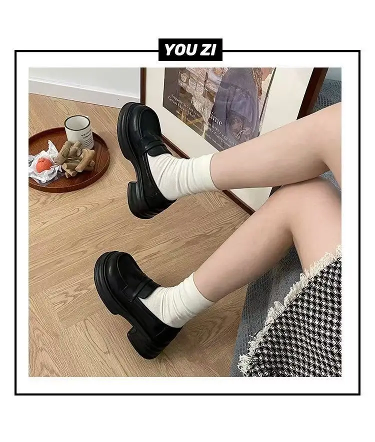 Black Coarse Heeled Leather Shoes Women's British 2025 — feature 9