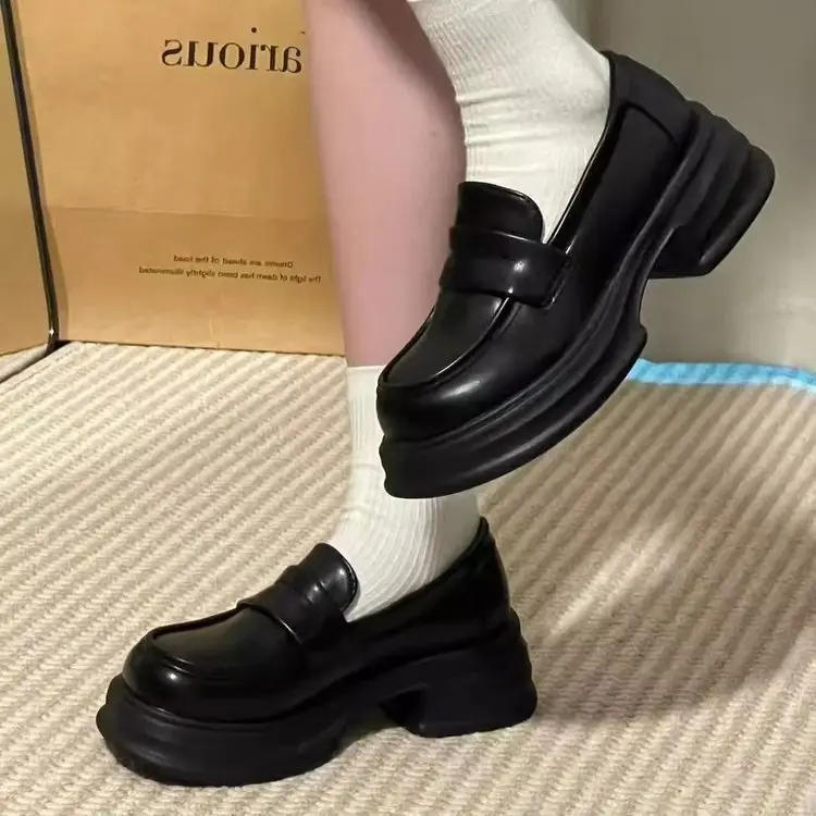 Black Coarse Heeled Leather Shoes Women's British 2025 - Image 2