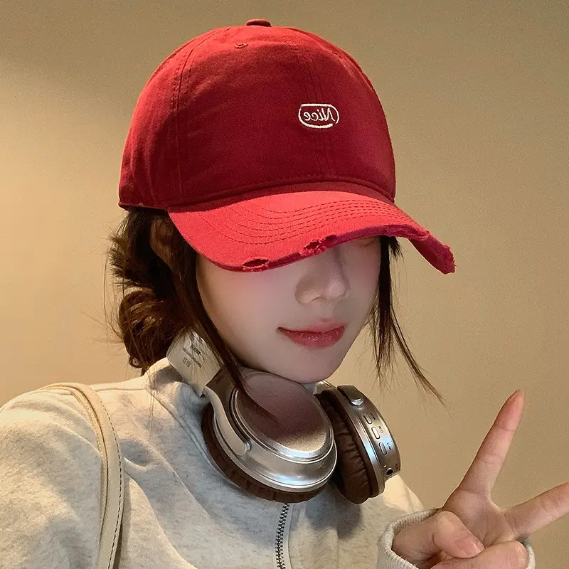 Women Korean Style Red Baseball Cap with Hole Peaked Cap - Image 8