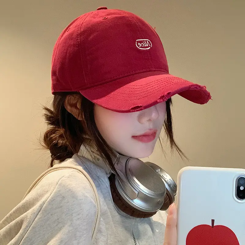 Women Korean Style Red Baseball Cap with Hole Peaked Cap - Image 9