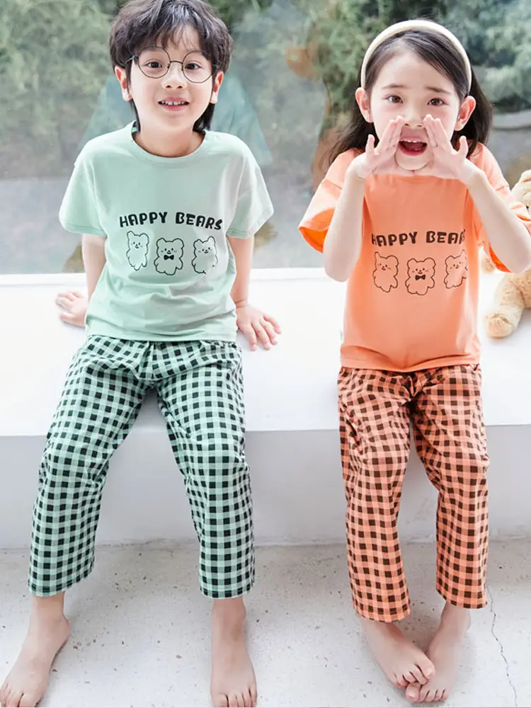 Children's Pajamas Cotton Summer Short-sleeved Trousers Baby Air Conditioning Home Clothes Little Boy Girl Cute Parent-child suit