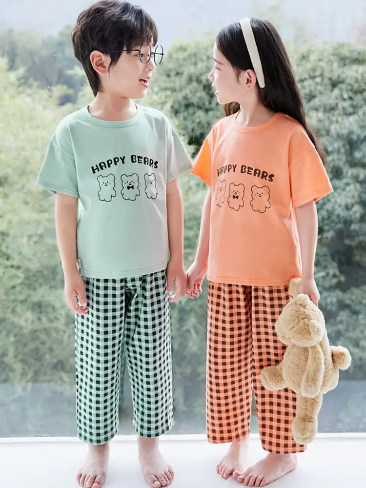 Children's Pajamas Cotton Summer Short-sleeved Trousers Baby Air Conditioning Home Clothes Little Boy Girl Cute Parent-child suit