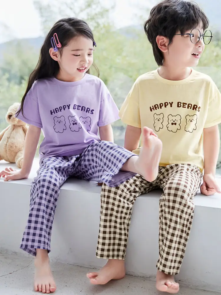 Children's Pajamas Cotton Summer Short-sleeved Trousers Baby Air Conditioning Home Clothes Little Boy Girl Cute Parent-child suit