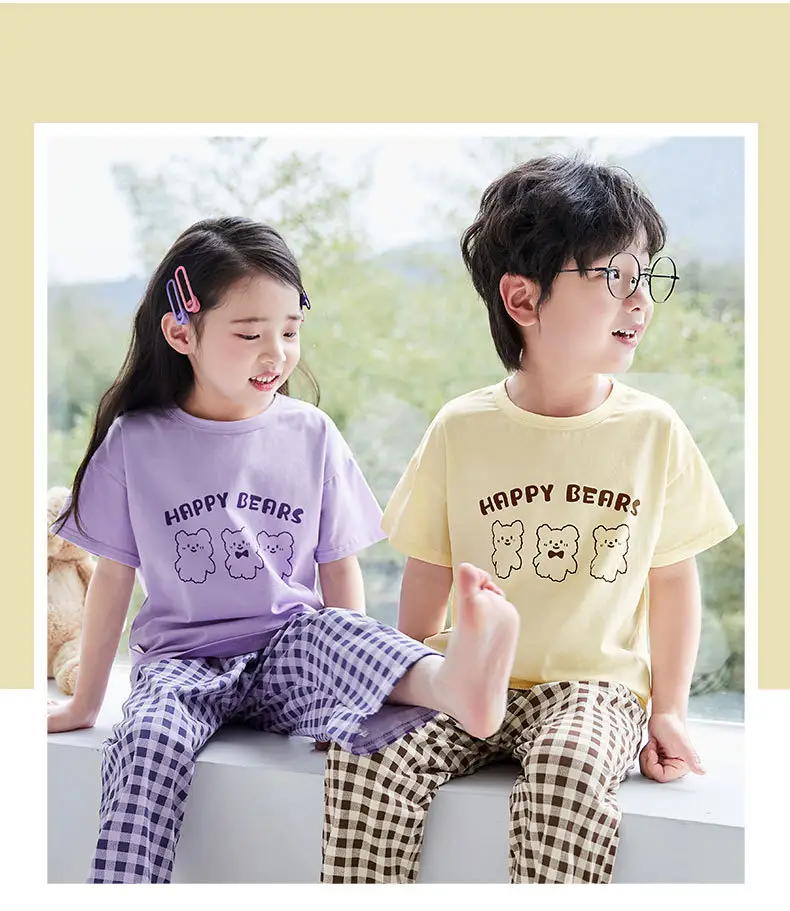 Children's Pajamas Cotton Summer Short-sleeved Trousers Baby Air Conditioning Home Clothes Little Boy Girl Cute Parent-child suit — feature 22