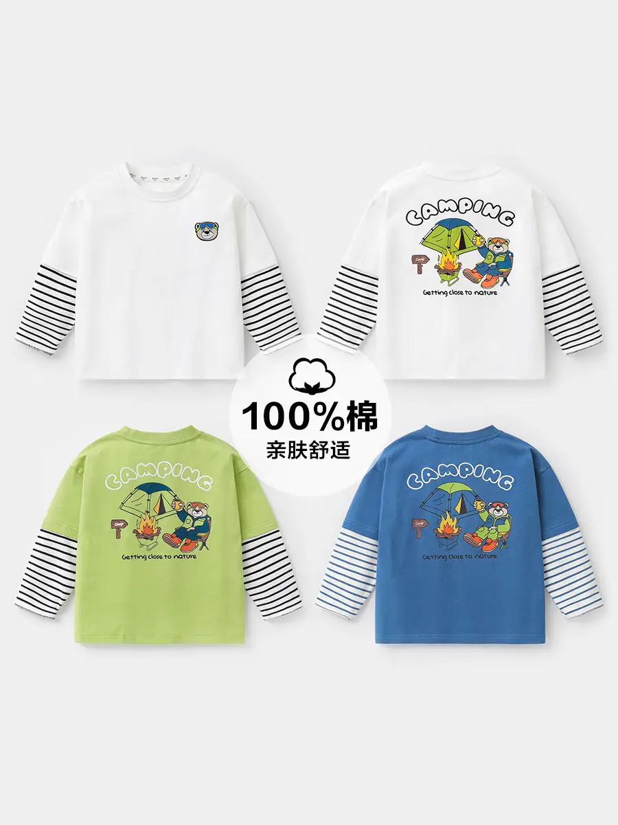 Right European Boys T-Shirt White Long Sleeve Cartoon Print - Image 6