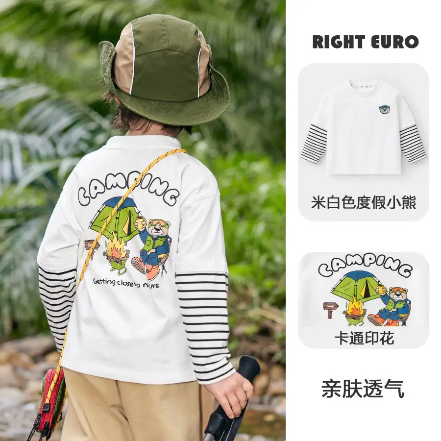 Right European Boys T-Shirt White Long Sleeve Cartoon Print - Image 2