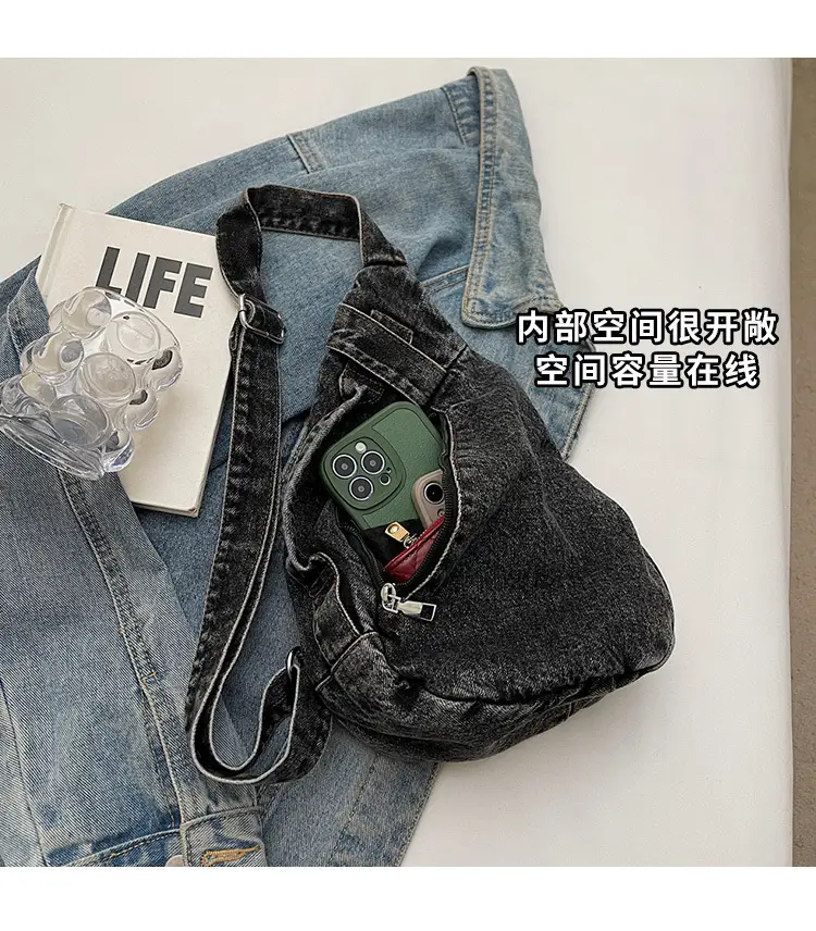 Vintage Denim Crossbody Bag for Women Large Capacity Casual Shoulder Bag — feature 8