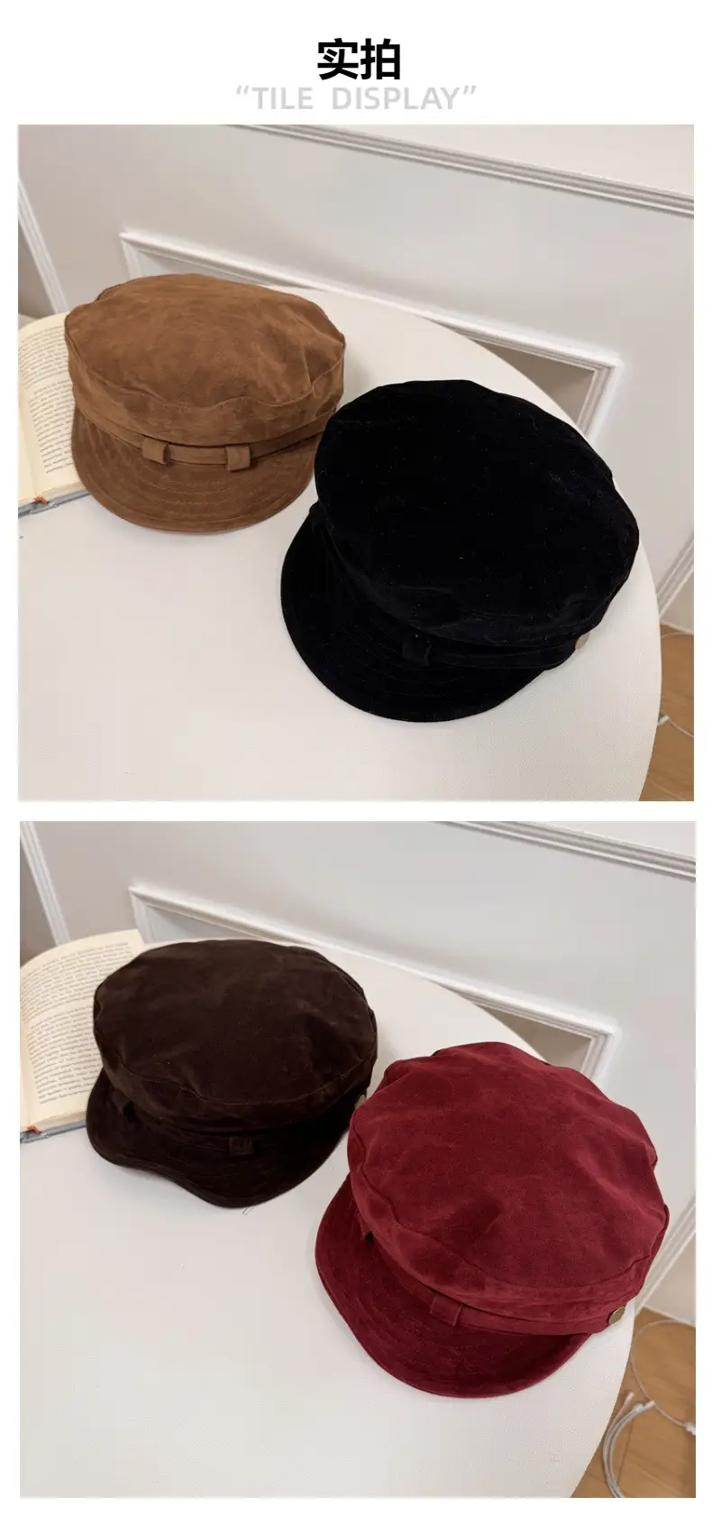 Vintage Women's Velvet Berets Spring Autumn Brown Black Red — feature 3