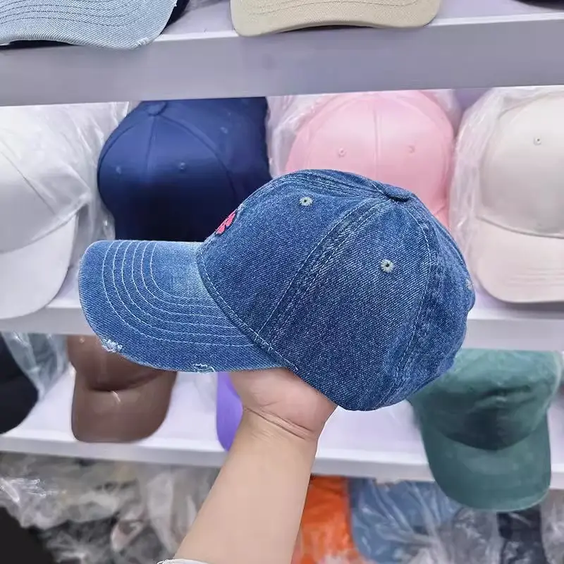 Denim Baseball Cap with Pink Flower Embroidery for Men Women