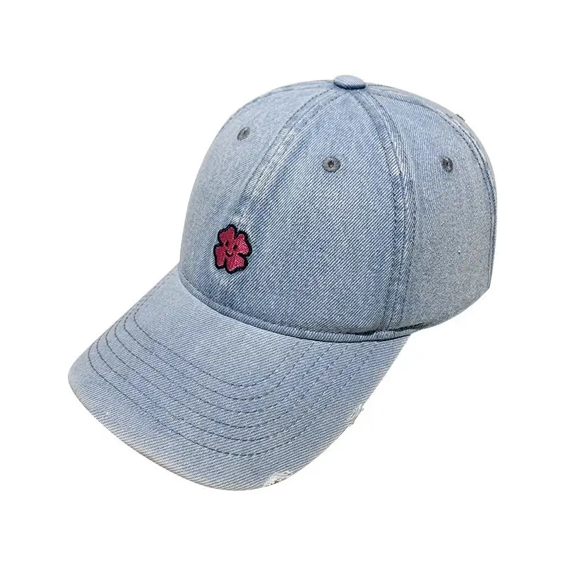 Denim Baseball Cap with Pink Flower Embroidery for Men Women