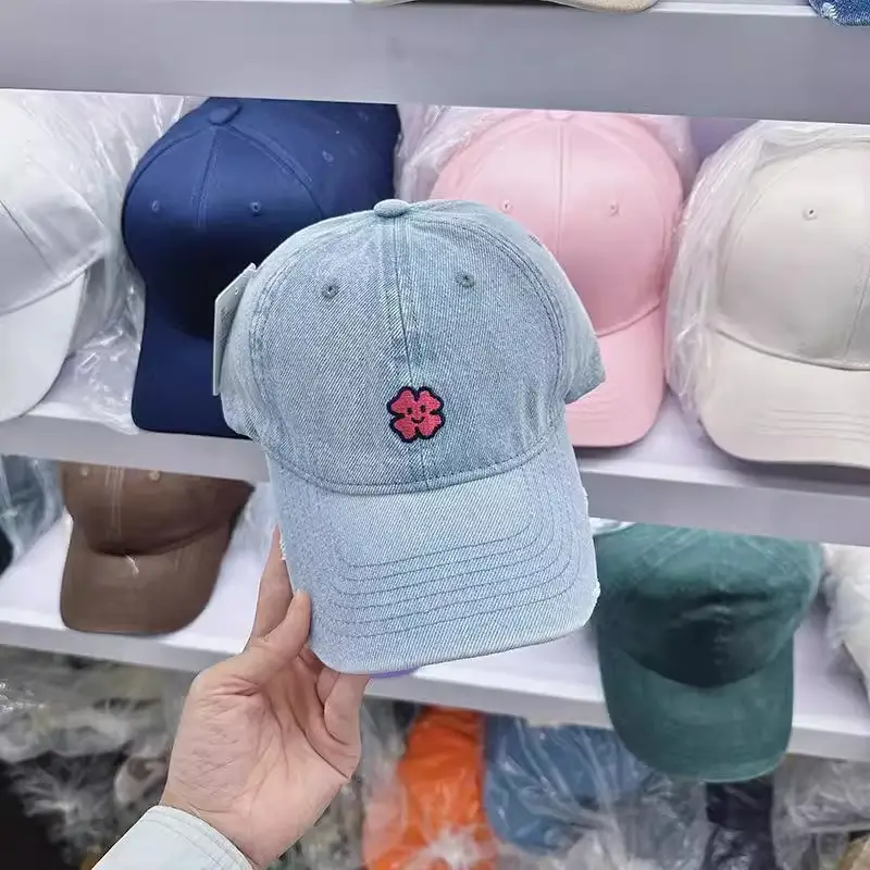Denim Baseball Cap with Pink Flower Embroidery for Men Women — feature 5
