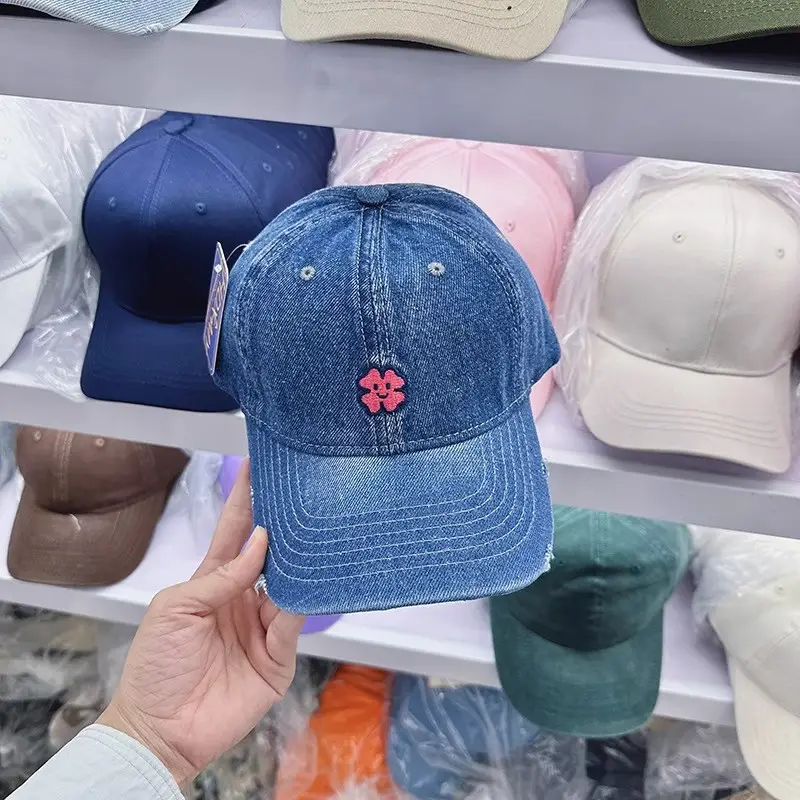 Denim Baseball Cap with Pink Flower Embroidery for Men Women — feature 7