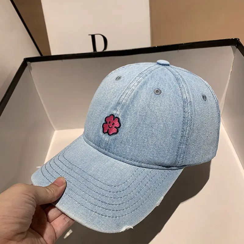 Denim Baseball Cap with Pink Flower Embroidery for Men Women
