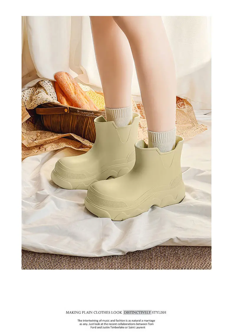 Thick-soled rain boots for women's outdoor wear waterproof non-slip mid-barrel rain boots EVA four-season increased all-match wear-resistant deodorant water shoes — feature 14