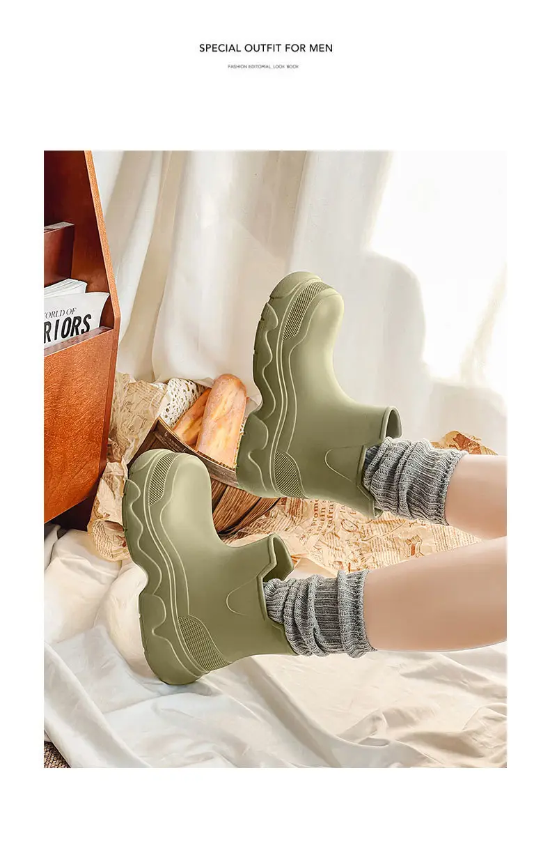 Thick-soled rain boots for women's outdoor wear waterproof non-slip mid-barrel rain boots EVA four-season increased all-match wear-resistant deodorant water shoes — feature 21