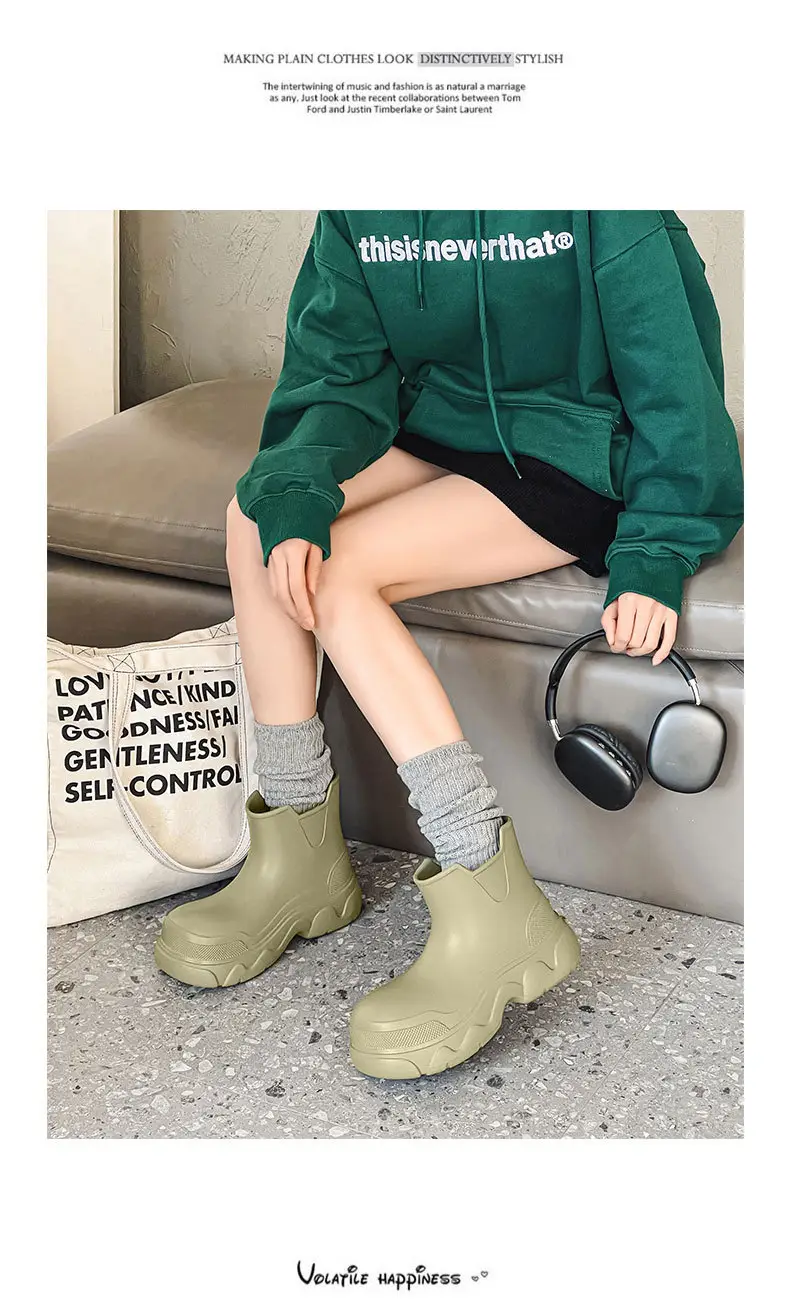 Thick-soled rain boots for women's outdoor wear waterproof non-slip mid-barrel rain boots EVA four-season increased all-match wear-resistant deodorant water shoes — feature 22