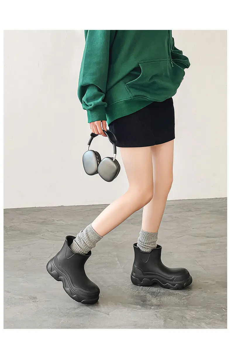 Thick-soled rain boots for women's outdoor wear waterproof non-slip mid-barrel rain boots EVA four-season increased all-match wear-resistant deodorant water shoes — feature 23