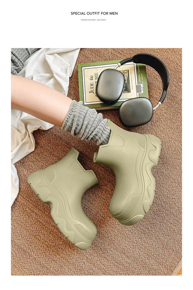 Thick-soled rain boots for women's outdoor wear waterproof non-slip mid-barrel rain boots EVA four-season increased all-match wear-resistant deodorant water shoes — feature 4