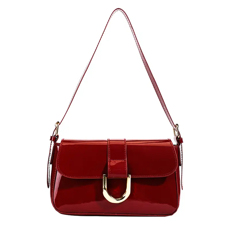 Women Vintage Horseshoe Buckle Shoulder Bag Red Patent Leather - Image 7