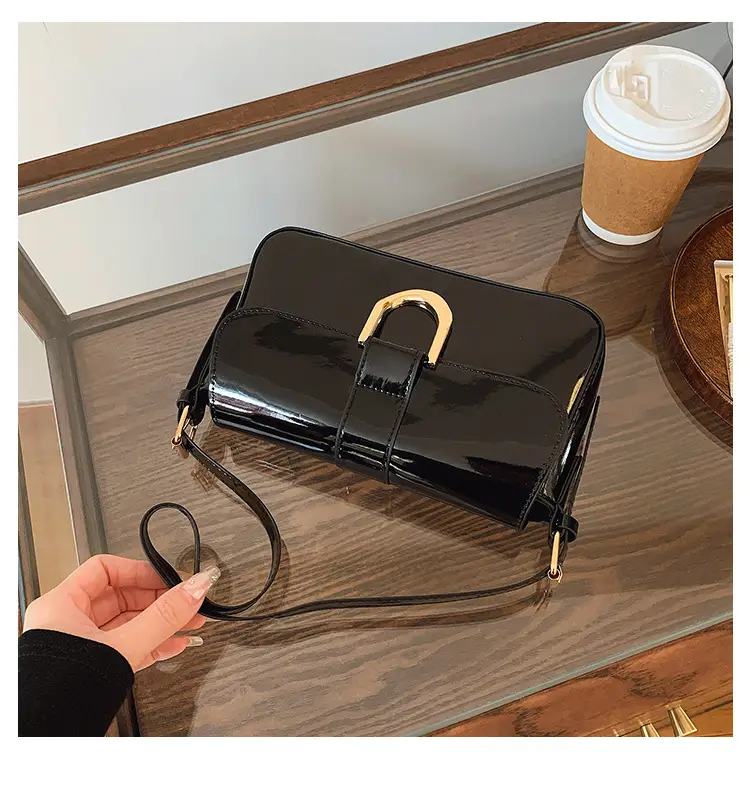 Women Vintage Horseshoe Buckle Shoulder Bag Red Patent Leather — feature 19