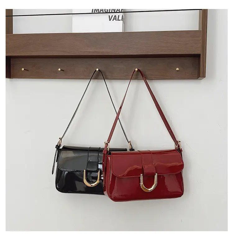 Women Vintage Horseshoe Buckle Shoulder Bag Red Patent Leather — feature 20