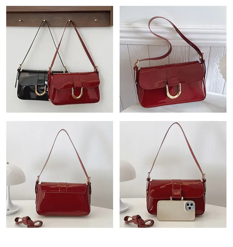 Women Vintage Horseshoe Buckle Shoulder Bag Red Patent Leather — feature 7
