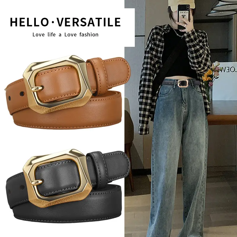 Women's White Genuine Leather Belt with Gold Buckle - Image 4