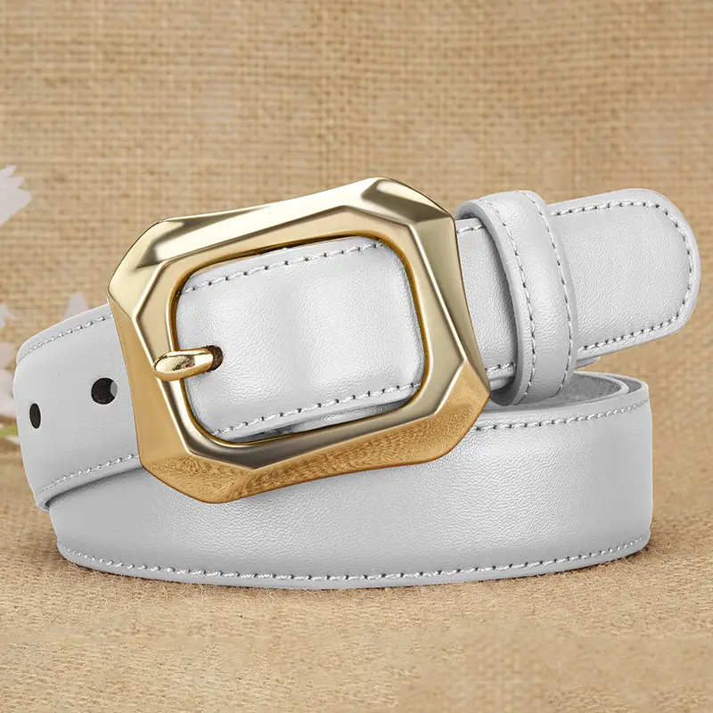 Women's White Genuine Leather Belt with Gold Buckle - Image 5