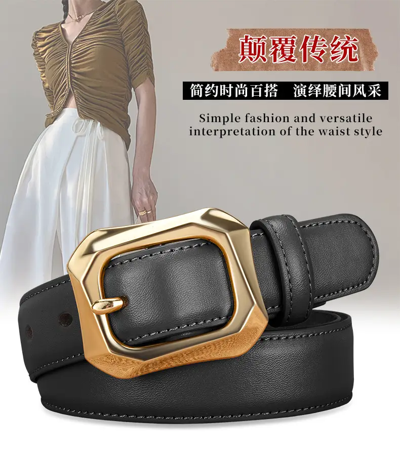 Women's White Genuine Leather Belt with Gold Buckle — feature 1