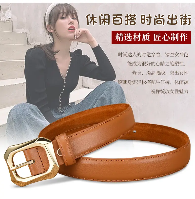 Women's White Genuine Leather Belt with Gold Buckle — feature 3
