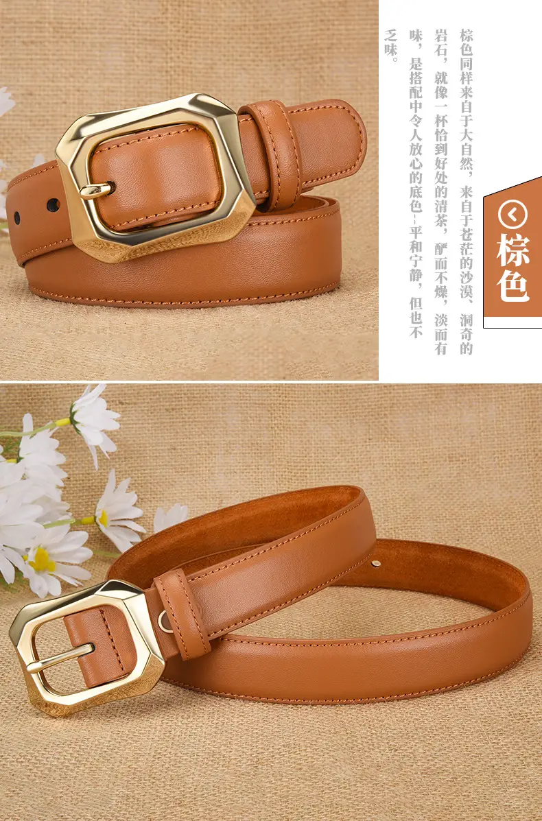 Women's White Genuine Leather Belt with Gold Buckle — feature 5