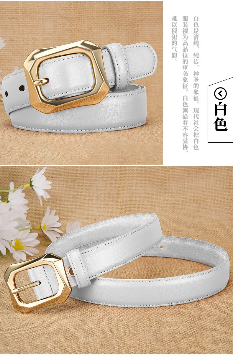 Women's White Genuine Leather Belt with Gold Buckle — feature 6