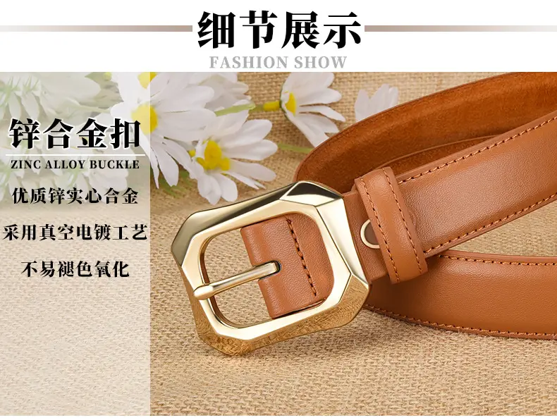 Women's White Genuine Leather Belt with Gold Buckle — feature 7