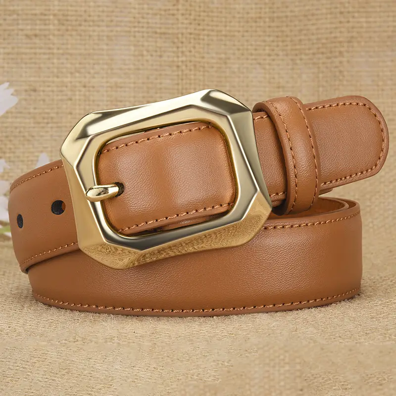 Women's White Genuine Leather Belt with Gold Buckle - Image 2