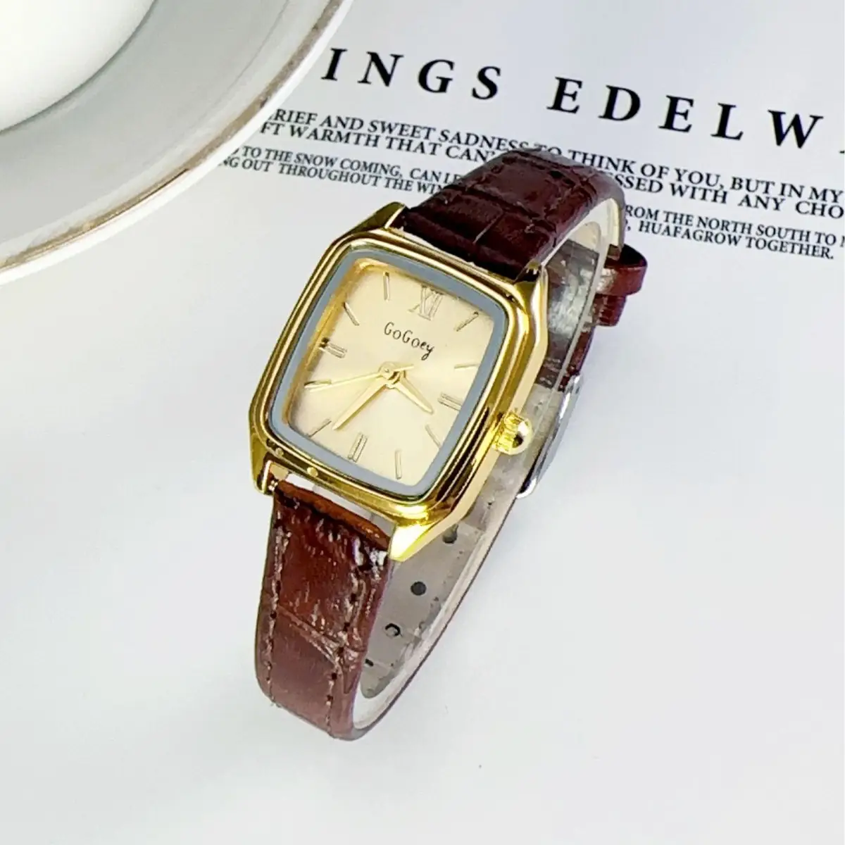 Women's Square Gold Faced Quartz Watch with Brown Leather Belt - Image 4