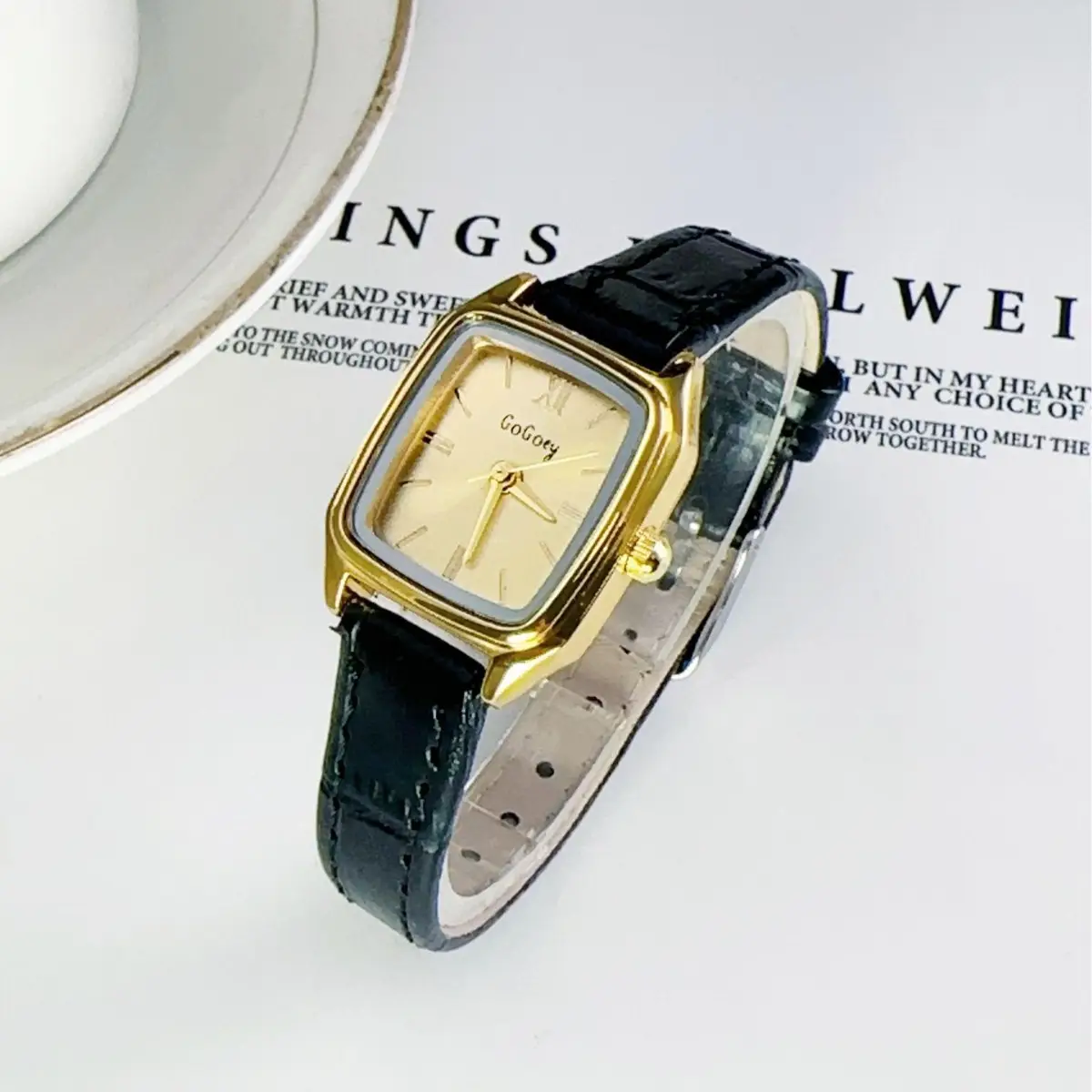 Women's Square Gold Faced Quartz Watch with Brown Leather Belt - Image 5