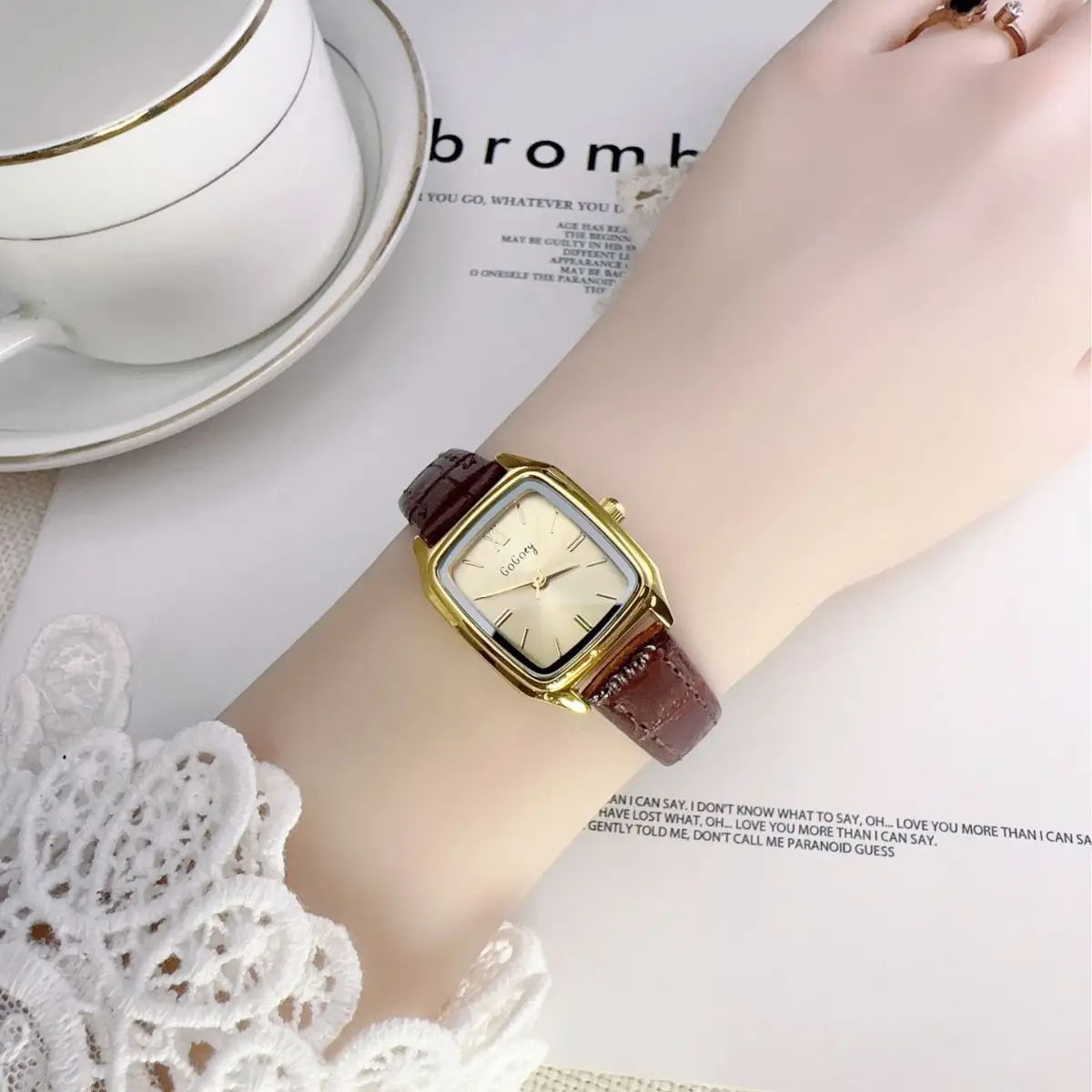 Women's Square Gold Faced Quartz Watch with Brown Leather Belt - Image 6