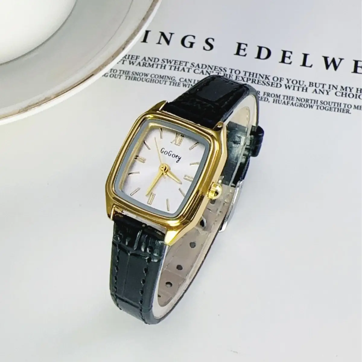 Women's Square Gold Faced Quartz Watch with Brown Leather Belt - Image 7