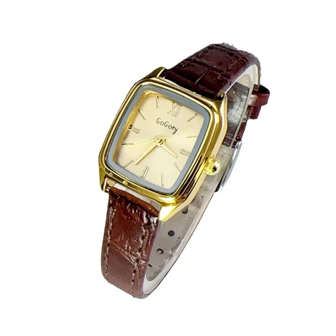 Women's Square Gold Faced Quartz Watch with Brown Leather Belt - Image 8