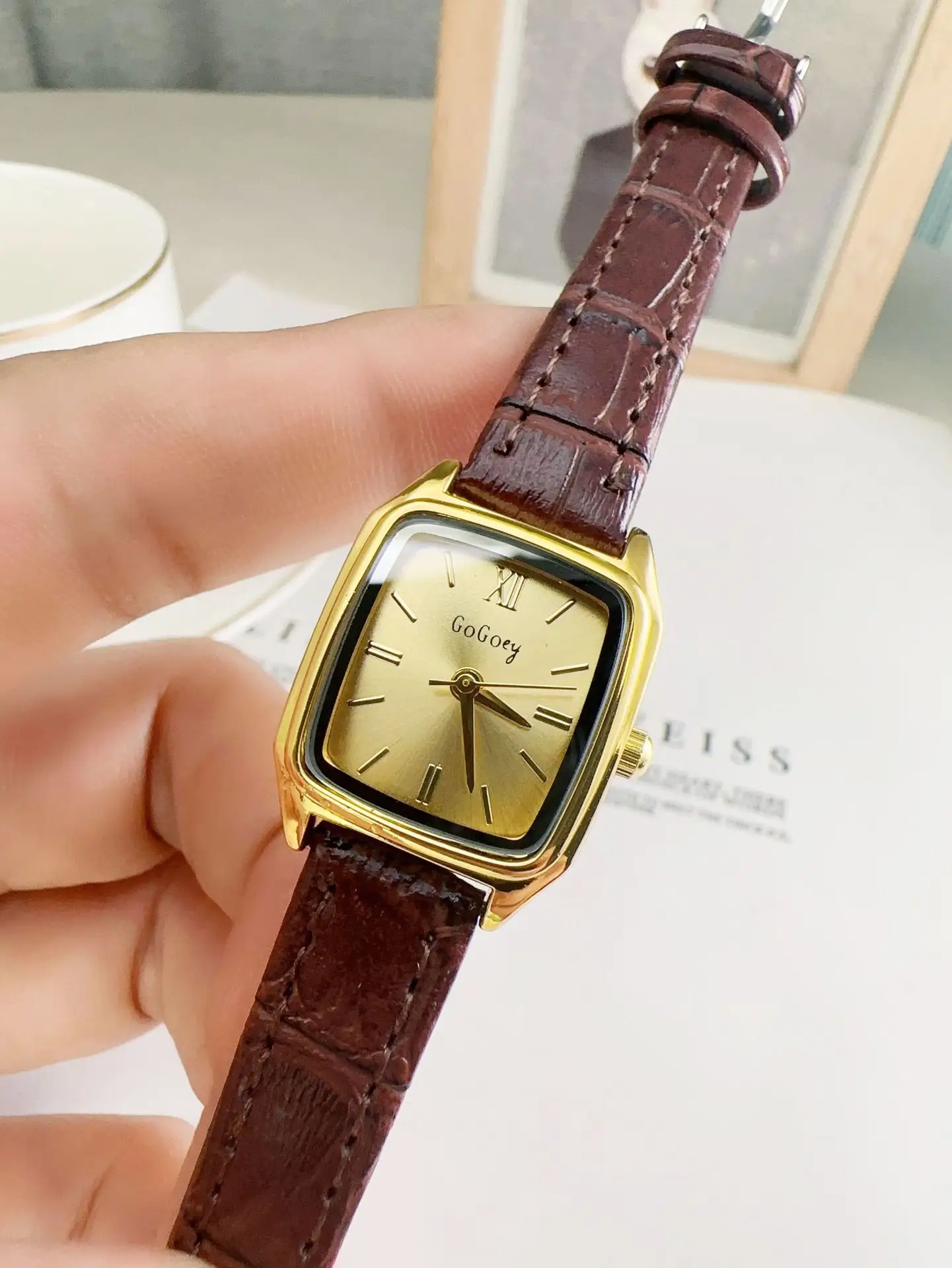 Women's Square Gold Faced Quartz Watch with Brown Leather Belt - Image 2